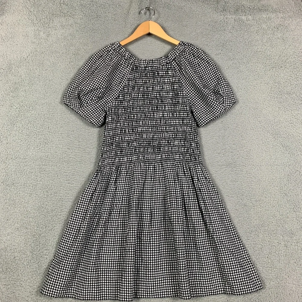 Madewell Mini Dress Size Large Black/White Gingham Smocked U-Neck Linen NWT $119 - Picture 6 of 11